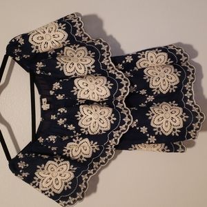 Off Shoulder Blue Eyelet Cream Floral Top Size M